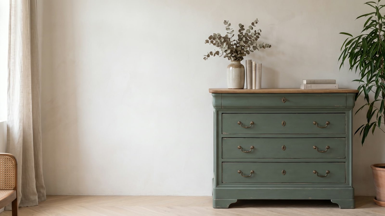 Commode ancienne relookée en vert sauge dans un salon lumineux — Au Gré du Pinceau